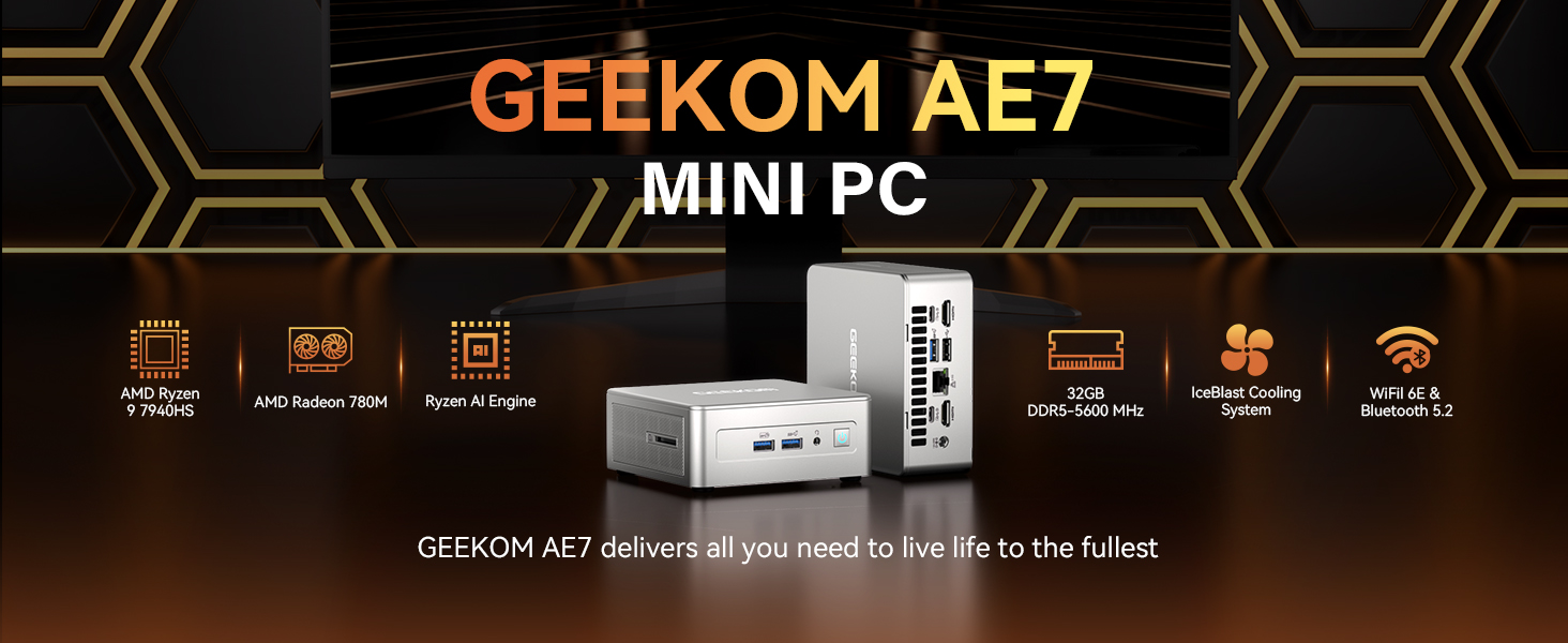 GEEKOM Mini PC AE7, Processador AMD Ryzen 9 7940HS Mini Computador